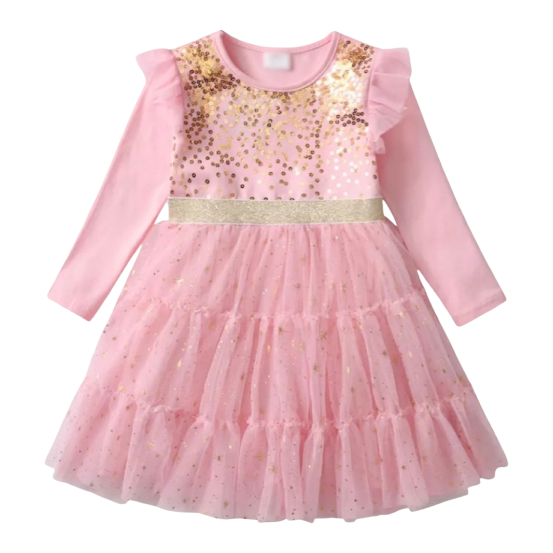 Vestido Rosa Lentejuelas Doradas