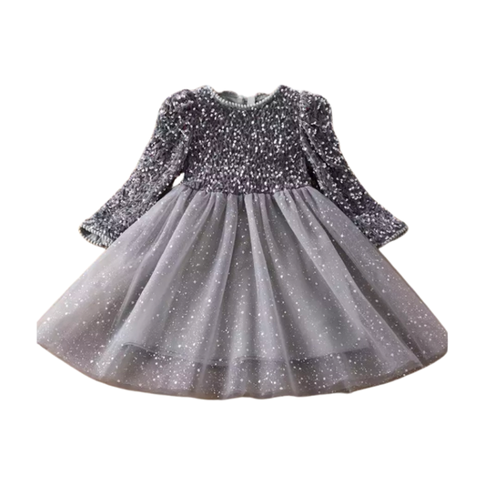 Vestido Gris Velvet con Lentejuelas
